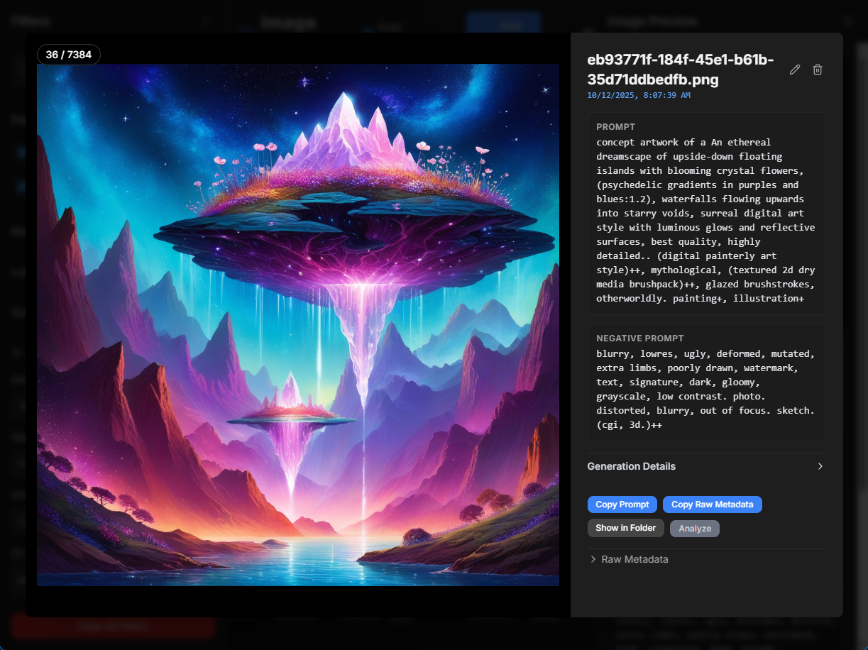 Fullscreen preview mode in Image MetaHub with metadata details and prompts